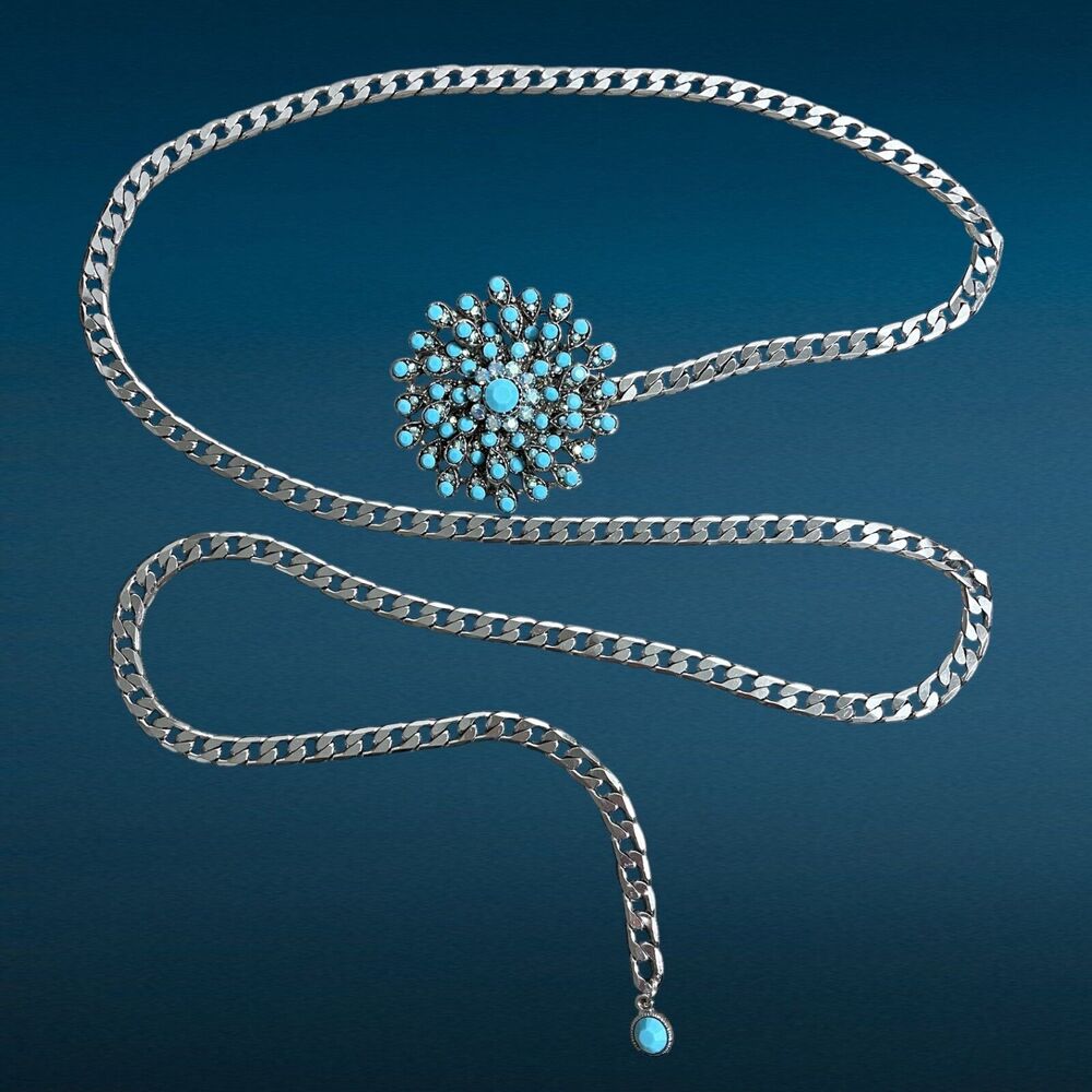 Cara NY Womens Curb Chain Belt Blue Rhinestone Buckle Silver Tone Waist Jewelry